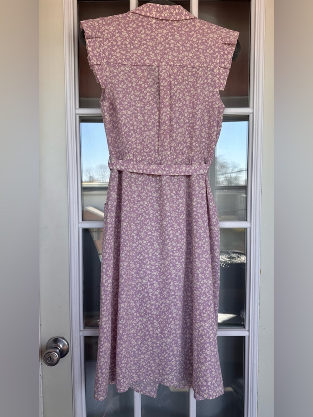 Monteau Georgette Purple Cream Floral Button FrontTie Shirt Midi Dress - size L - Picture 5 of 6